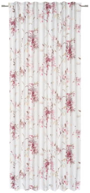 Halbtransparenter, weißer Vorhang mit zartem rosa Blumenmuster und Blättern, frontal von vorn am Gardinenstab hängend