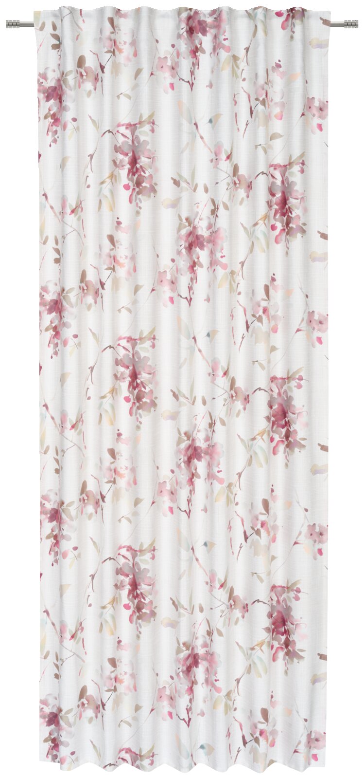 Halbtransparenter, weißer Vorhang mit zartem rosa Blumenmuster und Blättern, frontal von vorn am Gardinenstab hängend