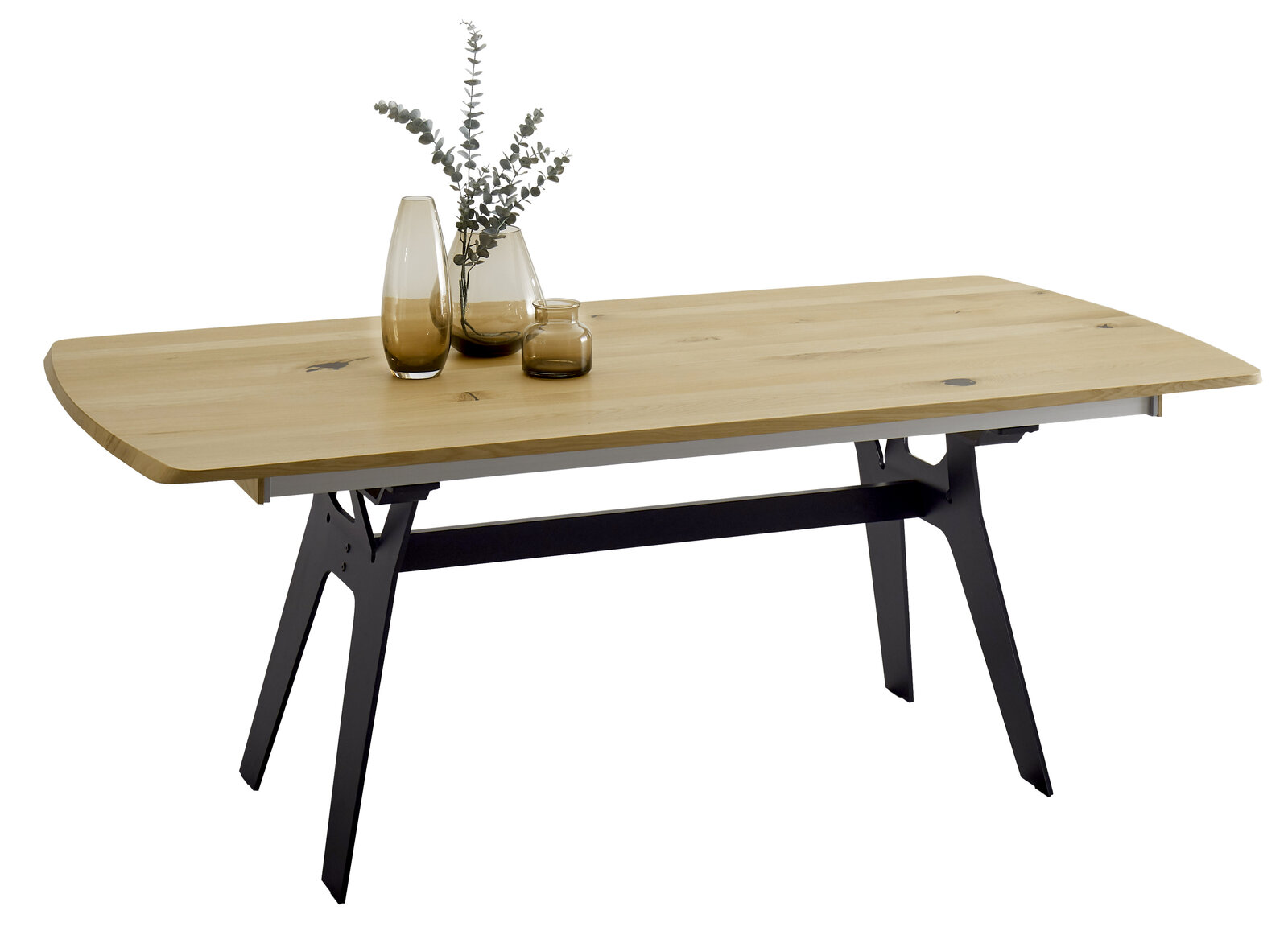 Moderner Esstisch aus Holz mit Metallbeinen, seitliche Perspektive