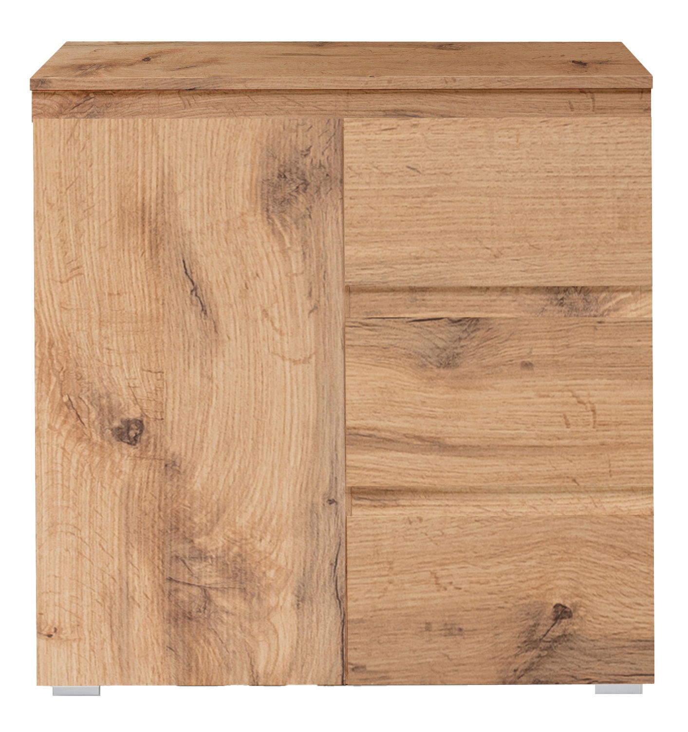 Frontale Ansicht einer Kommode aus hellem Holz mit natürlicher Maserung und zwei Schubladen.