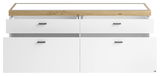 Frontansicht des TV-Lowboards Set one by Musterring LANCASTER mit weißem Korpus und Holzoberfläche, zwei offenen Schubladen.