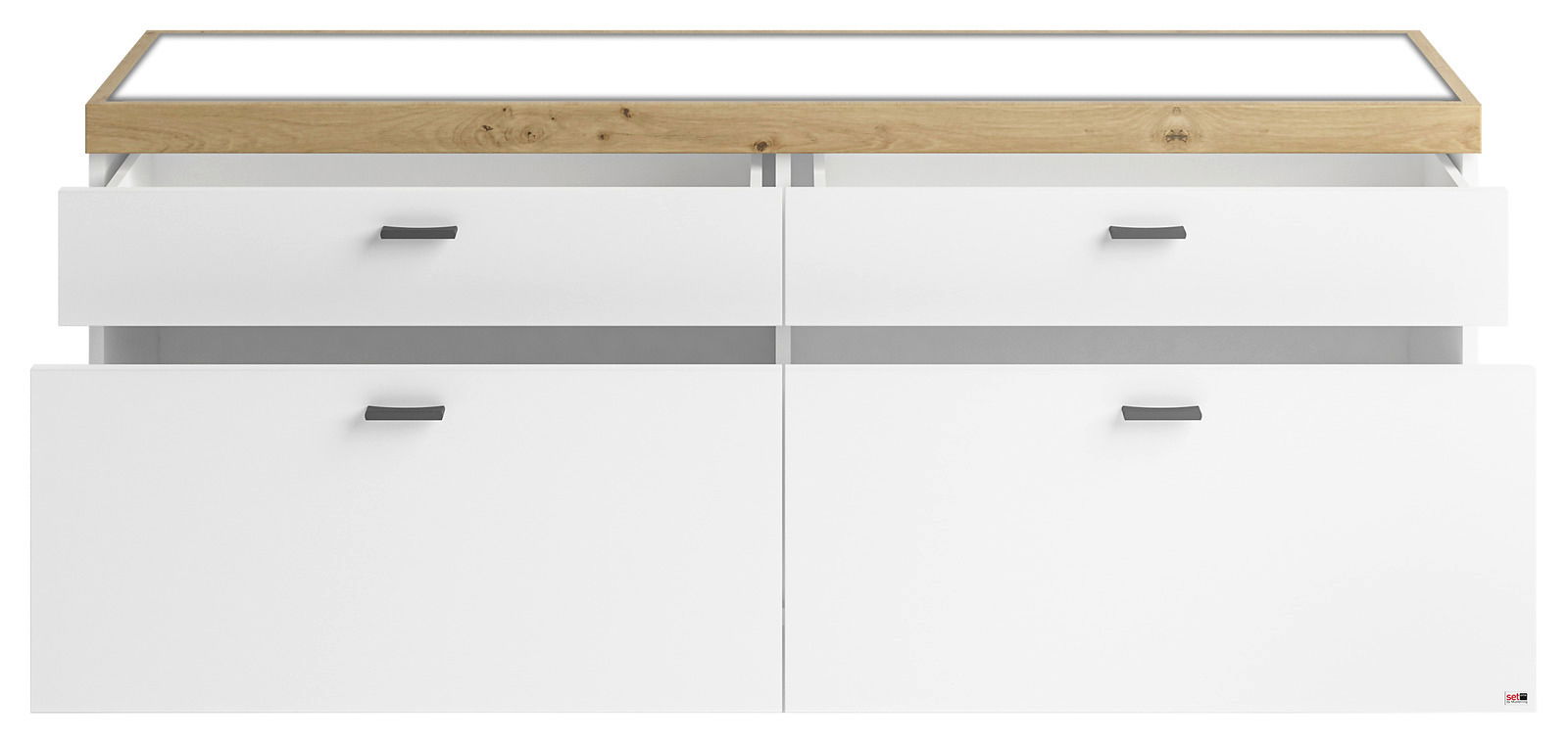 Frontansicht des TV-Lowboards Set one by Musterring LANCASTER mit weißem Korpus und Holzoberfläche, zwei offenen Schubladen.