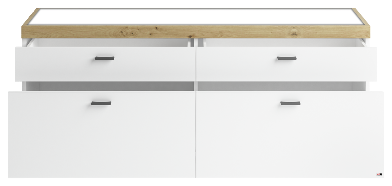 Frontansicht des TV-Lowboards Set one by Musterring LANCASTER mit weißem Korpus und Holzoberfläche, zwei offenen Schubladen.