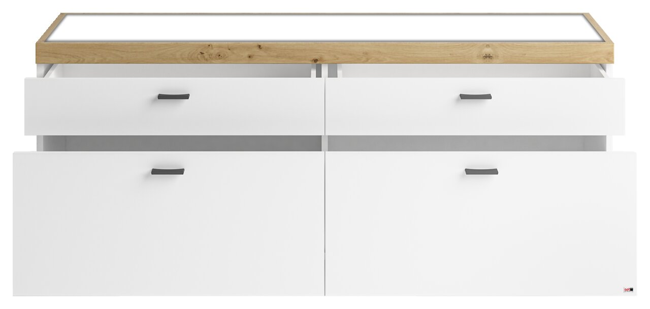 Frontansicht des TV-Lowboards Set one by Musterring LANCASTER mit weißem Korpus und Holzoberfläche, zwei offenen Schubladen.