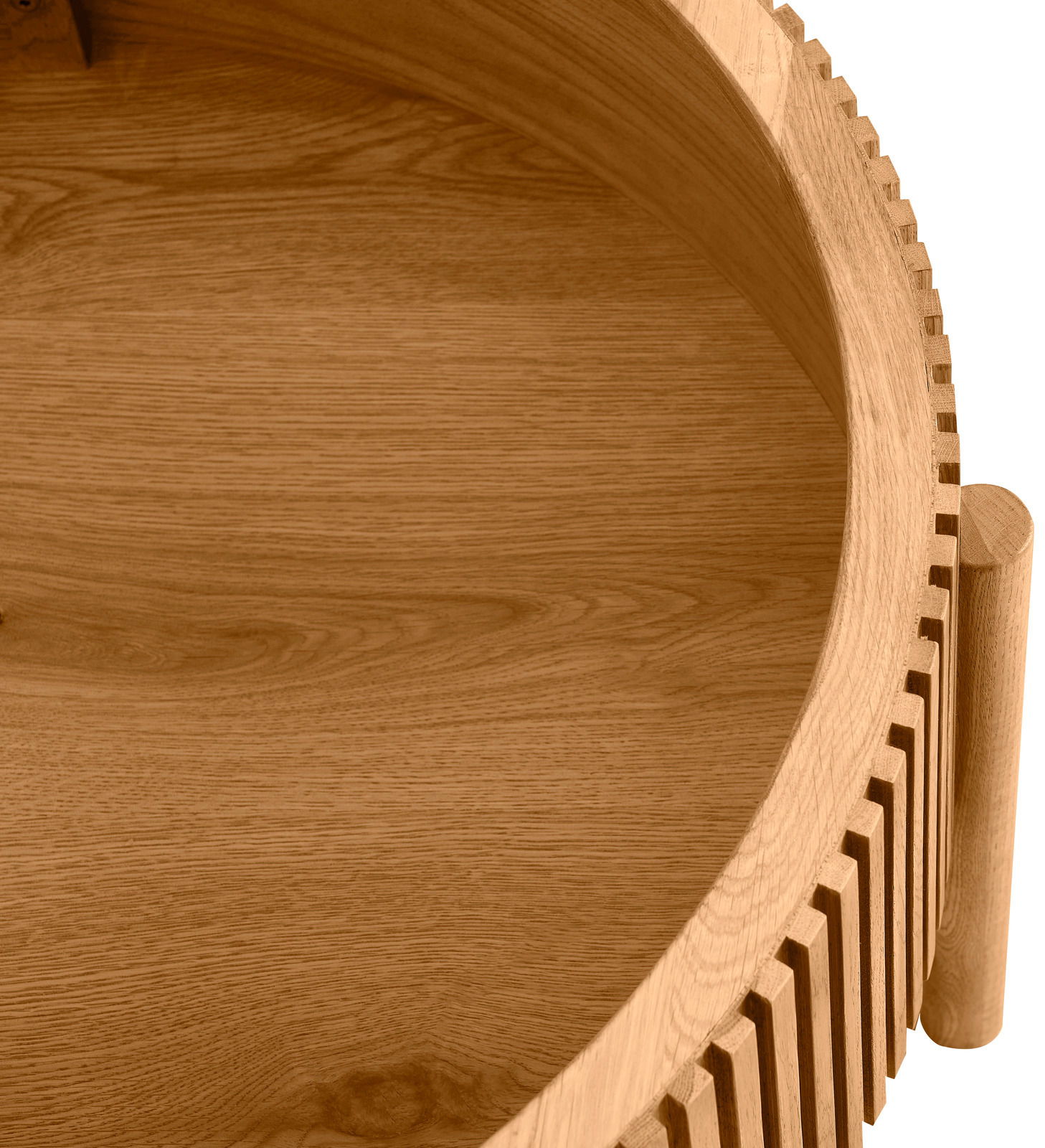 Runder Couchtisch aus Holz mit gerilltem Rand, Ansicht von oben