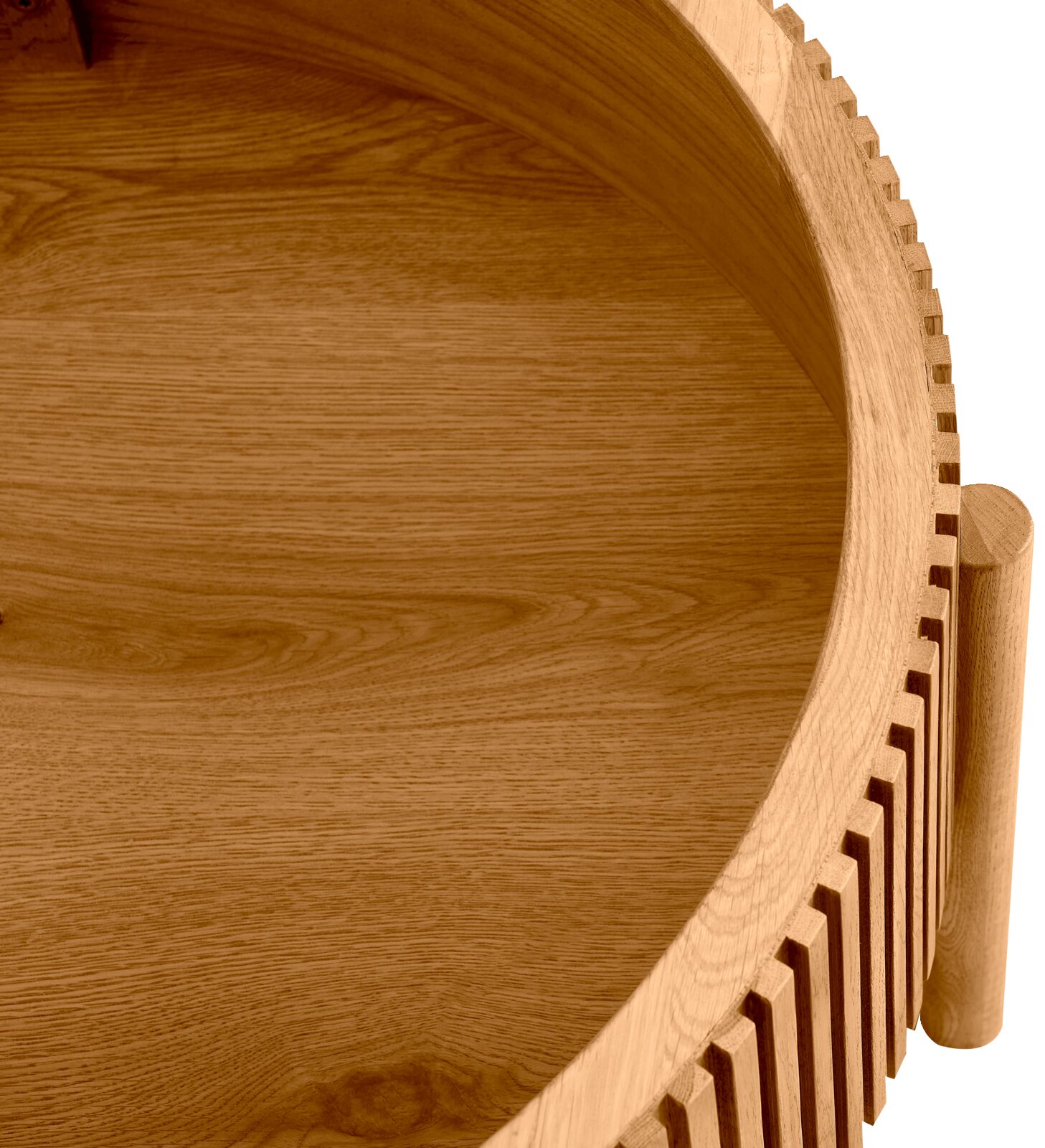 Ronde houten salontafel met gegroefde rand, bovenaanzicht