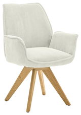 Moderner Armlehnstuhl mit hellem Stoffbezug und Holzbeinen, seitliche Perspektive