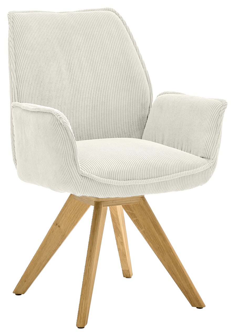 Moderner Armlehnstuhl mit hellem Stoffbezug und Holzbeinen, seitliche Perspektive