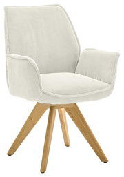 Moderner Armlehnstuhl mit hellem Stoffbezug und Holzbeinen, seitliche Perspektive