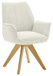 Moderne fauteuil met lichte stoffen bekleding en houten poten, zijaanzicht