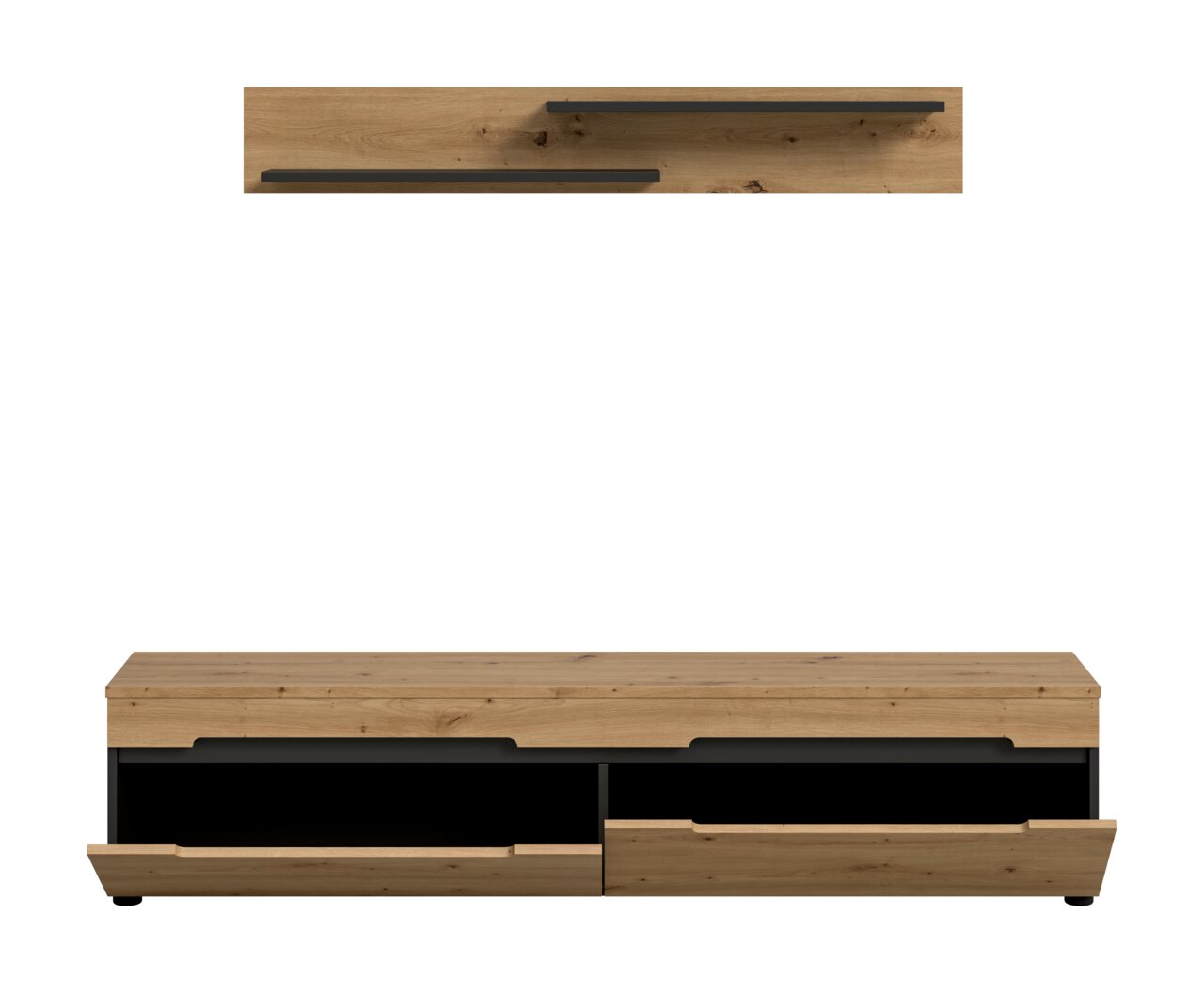 Modernes Lowboard/TV-Board aus hellem Holz mit zwei offenen Fächern und zwei Schubladen, eine Schublade geöffnet, Frontansicht auf weißem Hintergrund.