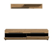 Modernes Lowboard/TV-Board aus hellem Holz mit zwei offenen Fächern und zwei Schubladen, eine Schublade geöffnet, Frontansicht auf weißem Hintergrund.
