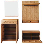Garderobenkombination 4-tlg. aus Holz, bestehend aus einem Spiegel, einer Wandgarderobe mit Haken und Ablage, einem Schuhschrank mit mehreren Fächern und einer Sitzbank mit Stauraum. Frontalansicht.