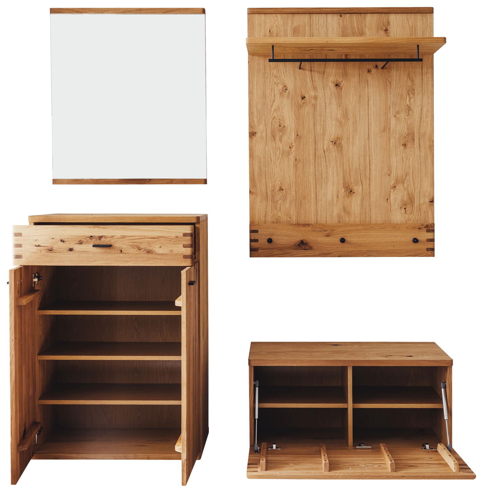 Garderobenkombination 4-tlg. aus Holz, bestehend aus einem Spiegel, einer Wandgarderobe mit Haken und Ablage, einem Schuhschrank mit mehreren Fächern und einer Sitzbank mit Stauraum. Frontalansicht.
