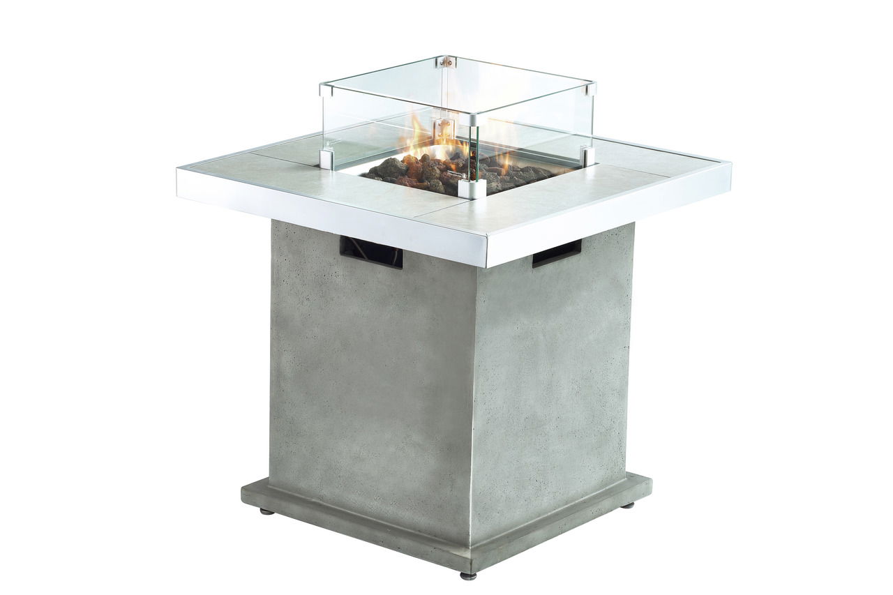 Moderner Tischfuß mit Glasumrandung und Feuerstelle, seitliche Perspektive