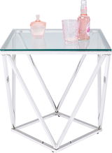 Moderner Beistelltisch mit Glasplatte und geometrischem Metallgestell, seitliche Perspektive