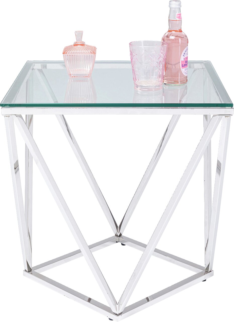 Moderner Beistelltisch mit Glasplatte und geometrischem Metallgestell, seitliche Perspektive