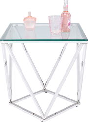 Moderner Beistelltisch mit Glasplatte und geometrischem Metallgestell, seitliche Perspektive