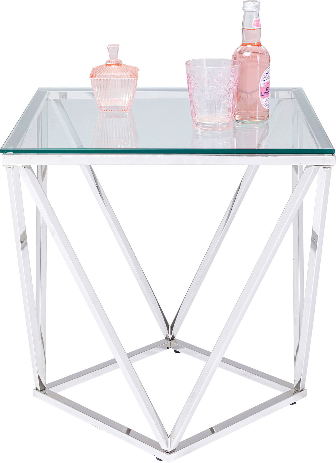 Moderner Beistelltisch mit Glasplatte und geometrischem Metallgestell, seitliche Perspektive