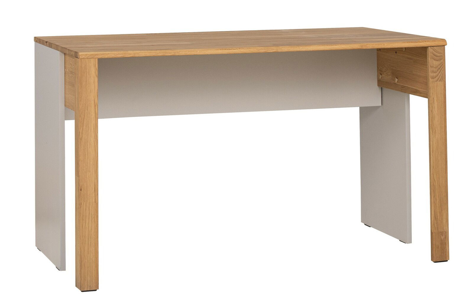 Moderner Schreibtisch aus Holz mit klaren Linien, seitliche Perspektive