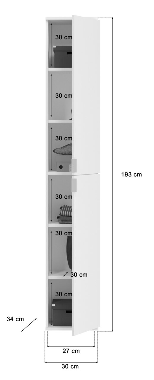 Schmaler, weißer Garderobenschrank mit mehreren Fächern, seitliche Perspektive, Maße: 193 cm hoch, 30 cm breit, 34 cm tief.