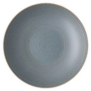 Tiefer Teller mit blauer, gesprenkelter Oberfläche und konzentrischen Kreisen, Draufsicht