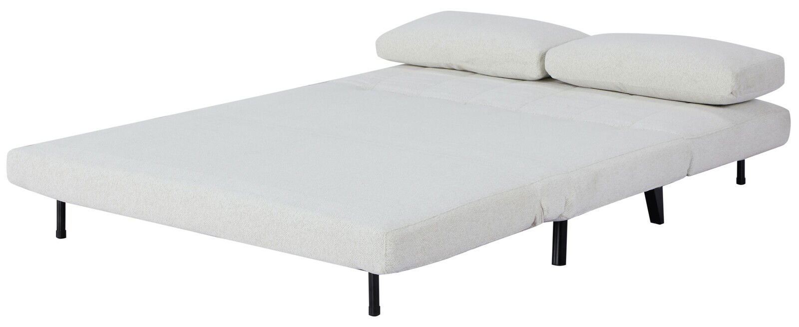 Weißes Funktionssofa in Bettposition mit schwarzem Metallgestell, seitliche Perspektive