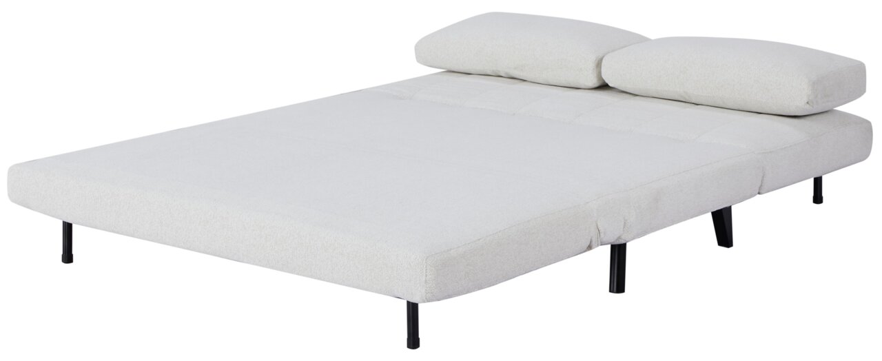 Weißes Funktionssofa in Bettposition mit schwarzem Metallgestell, seitliche Perspektive