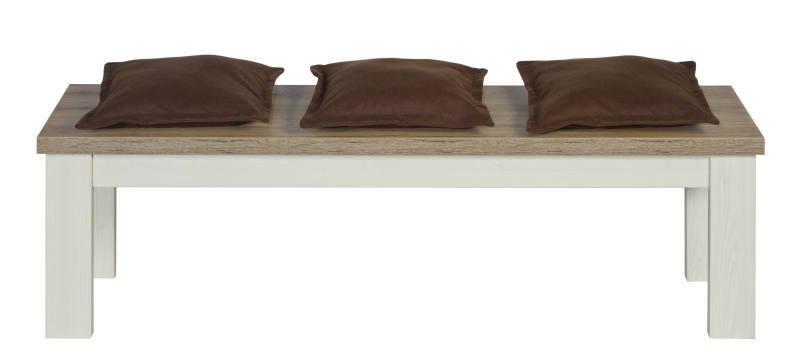 Sitzbank aus Holz mit drei braunen Kissen, frontal betrachtet