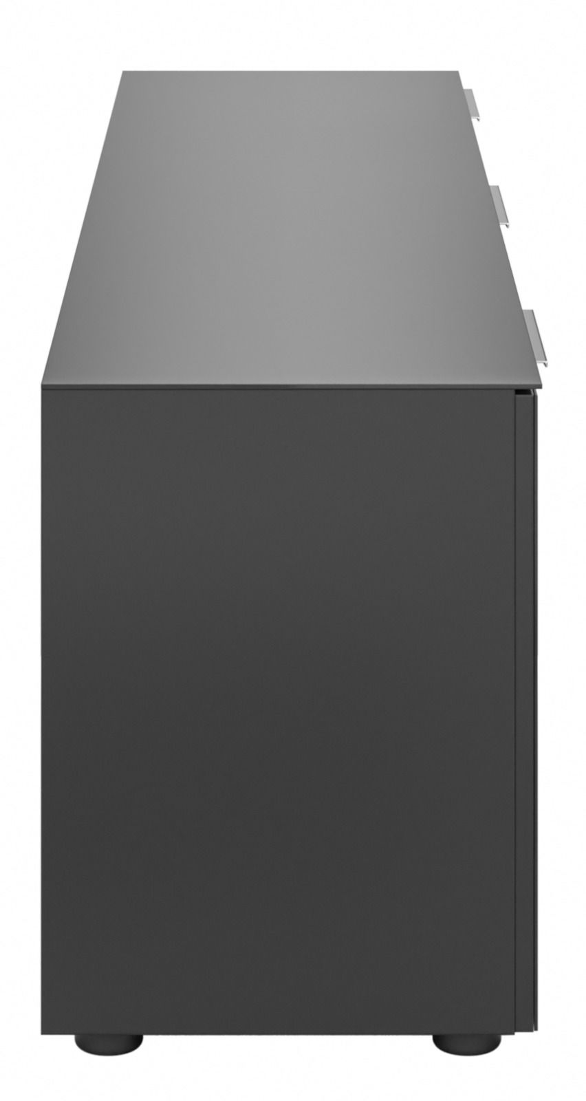 Seitenansicht eines modernen, schwarzen TV-Lowboards mit minimalistischem Design.