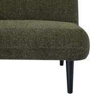 Nahaufnahme eines grünen Funktionssofas mit schwarzem Bein, seitliche Perspektive