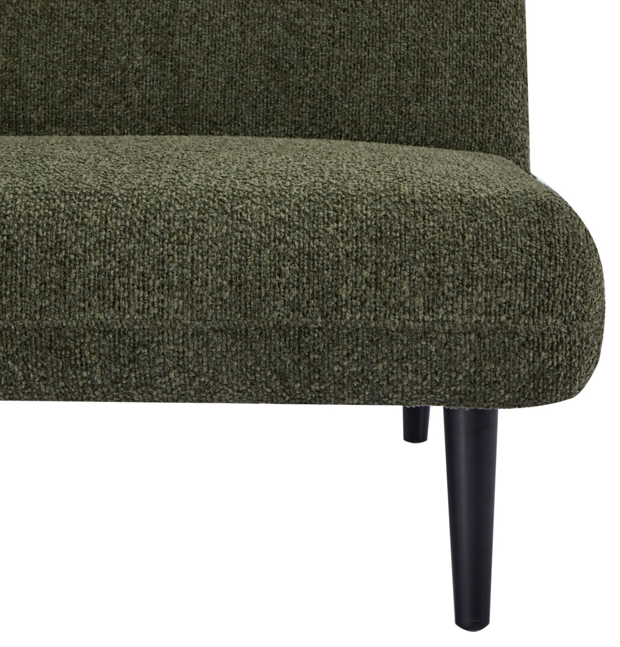 Nahaufnahme eines grünen Funktionssofas mit schwarzem Bein, seitliche Perspektive