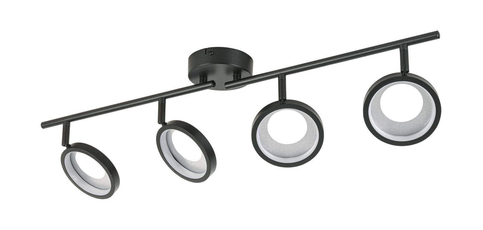 Moderner LED-Strahler mit vier verstellbaren Leuchten in schwarzem Design, seitliche Perspektive