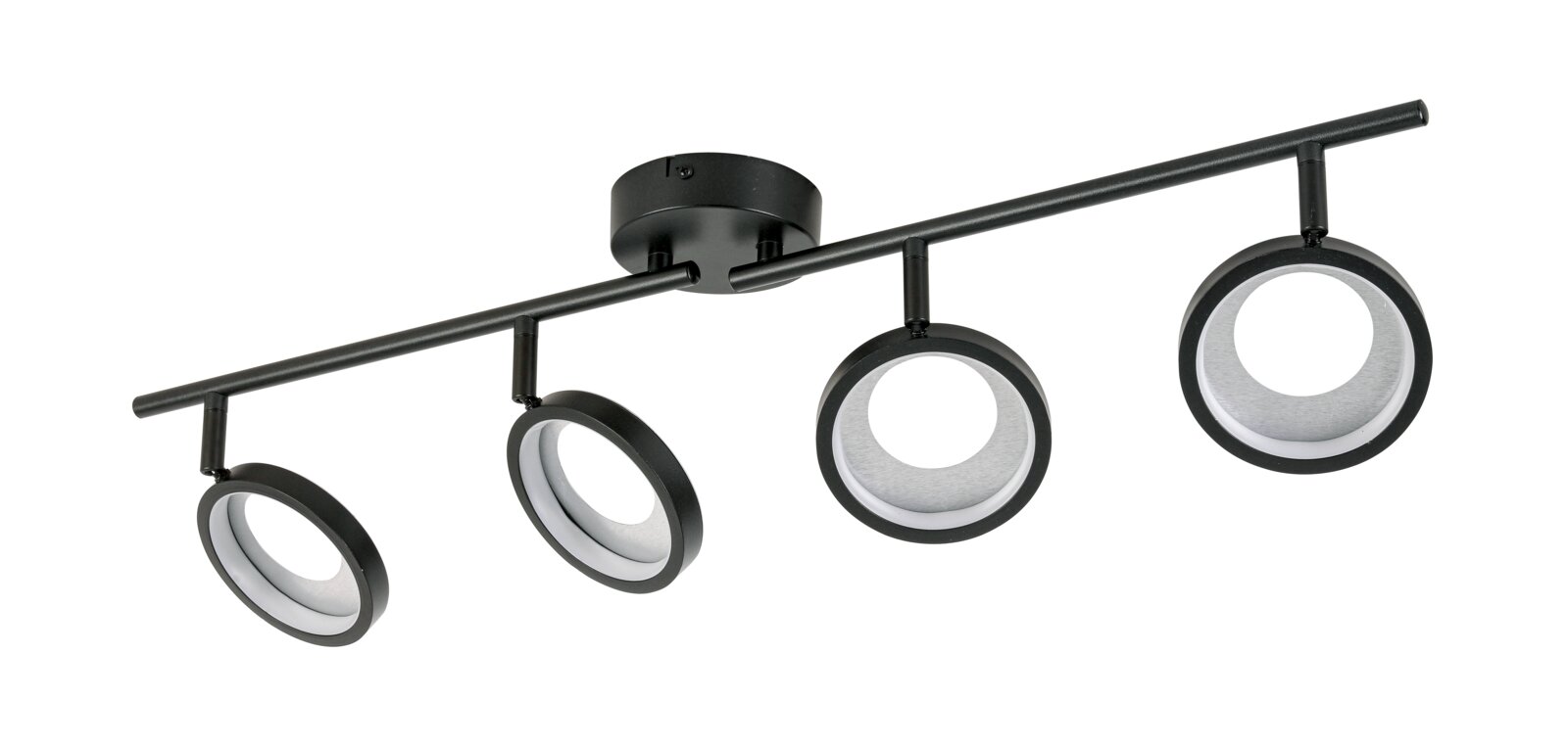 Novel LED-Strahler Moderner LED-Strahler mit vier verstellbaren Leuchten in schwarzem Design, seitliche Perspektive