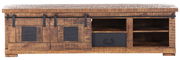 Rustikales TV-Lowboard aus Holz mit Schiebetüren und Metallakzenten, Frontalansicht