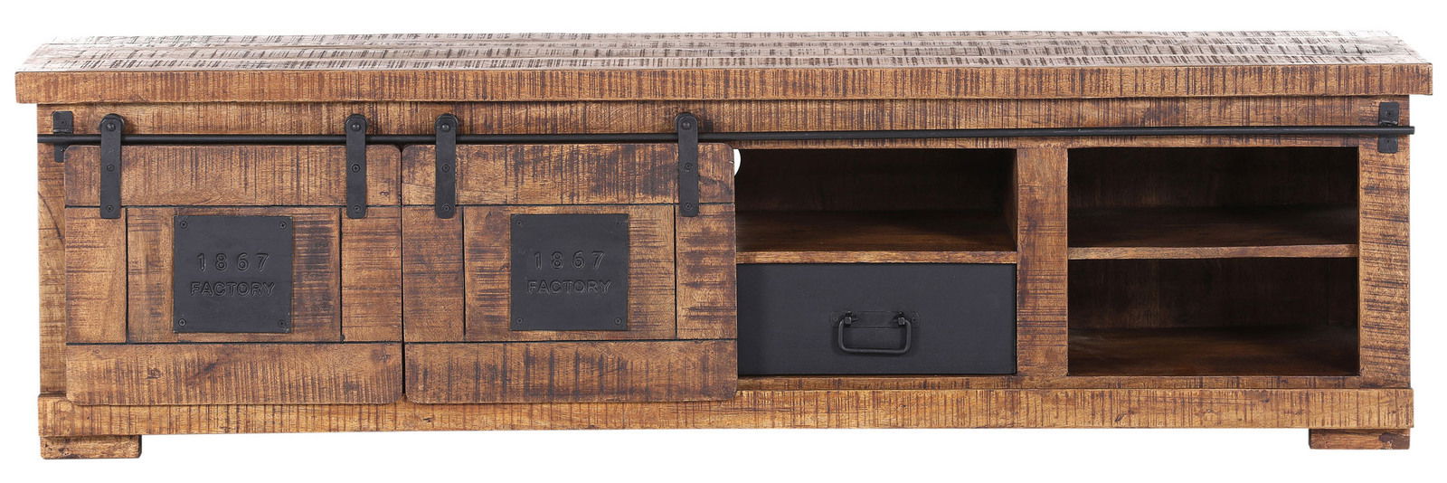 Rustikales TV-Lowboard aus Holz mit Schiebetüren und Metallakzenten, Frontalansicht