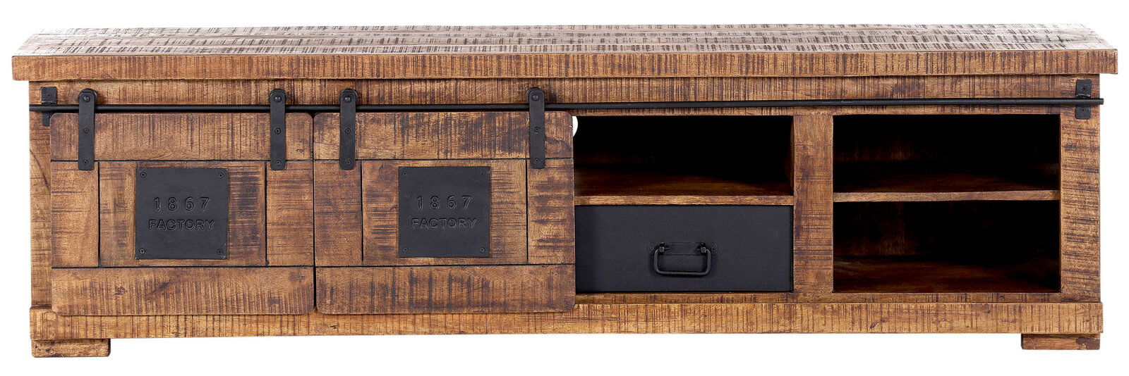 Rustikales TV-Lowboard aus Holz mit Schiebetüren und Metallakzenten, Frontalansicht