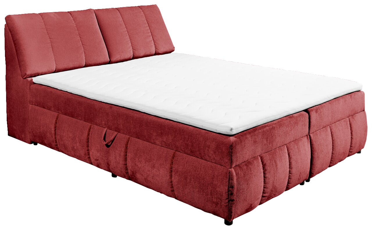 Rotes Boxspringbett mit gepolstertem Kopfteil, seitliche Perspektive