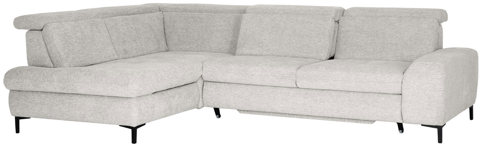 Graues Ecksofa mit verstellbaren Kopfstützen, moderne Metallfüße, Perspektive von vorne links