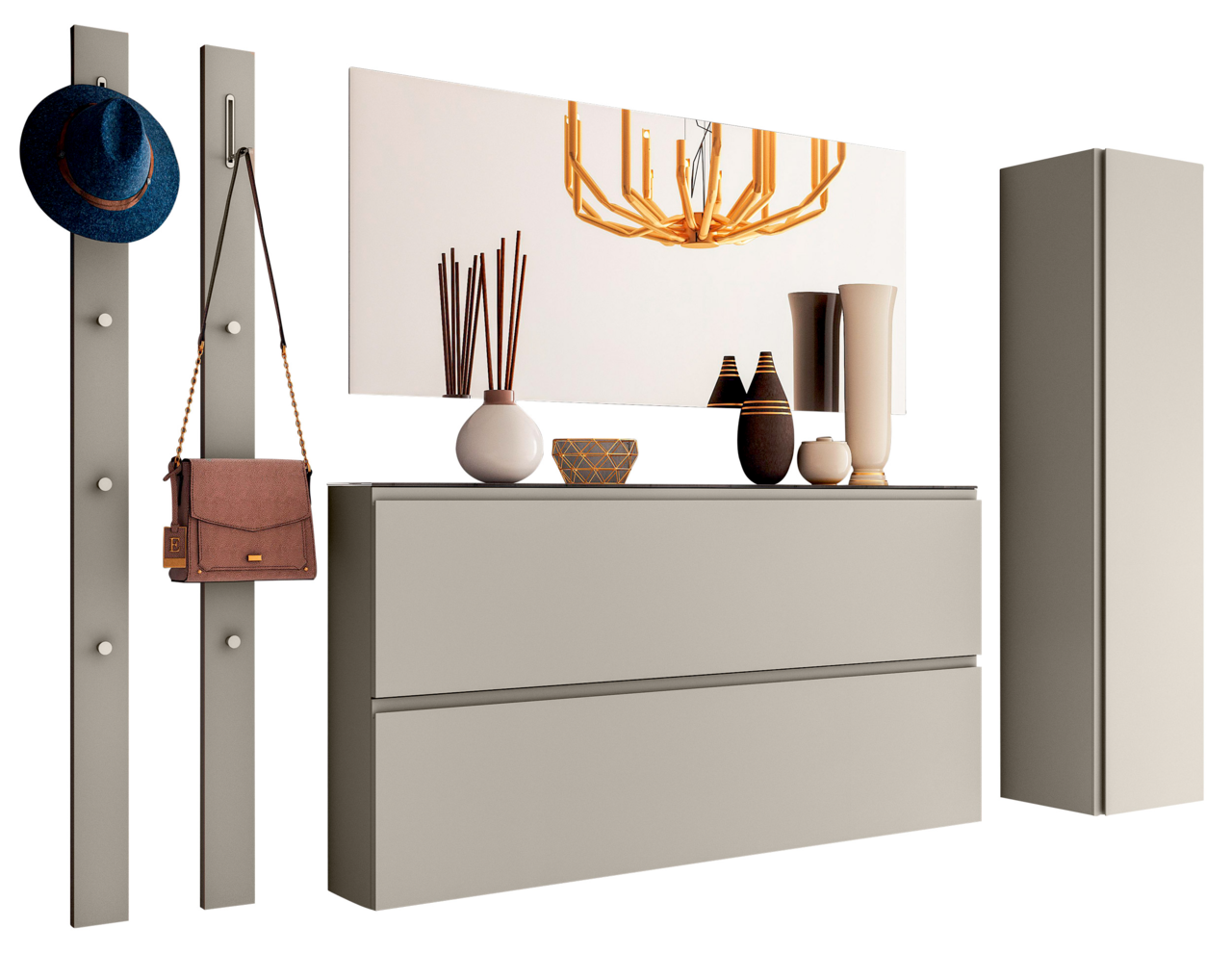 Garderobenset 250cm in moderner Perspektive mit Hakenleiste, Schubladenkommode und hohem Schrank, dekoriert mit Hüten, Taschen und Vasen.