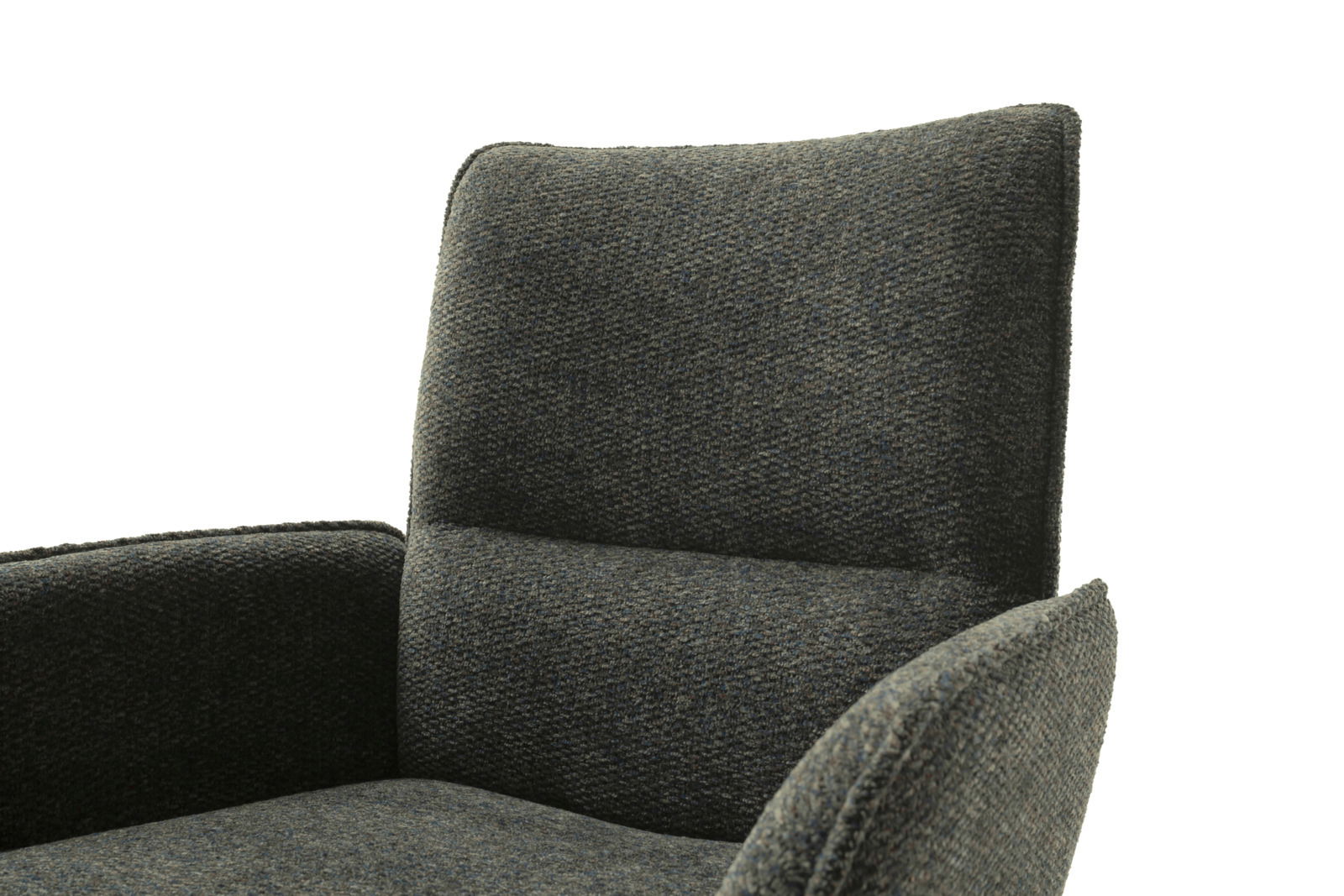 Nahaufnahme eines Armlehnstuhls mit dunkelgrauem Stoffbezug, Ansicht von vorne.