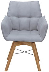 Grauer Armlehnenstuhl mit gepolstertem Sitz und Rückenlehne, aus Holzbeinen, Vorderansicht