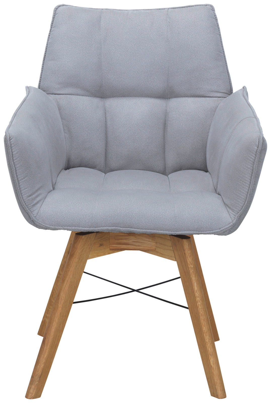 Grauer Armlehnenstuhl mit gepolstertem Sitz und Rückenlehne, aus Holzbeinen, Vorderansicht