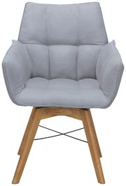 Grauer Armlehnenstuhl mit gepolstertem Sitz und Rückenlehne, aus Holzbeinen, Vorderansicht