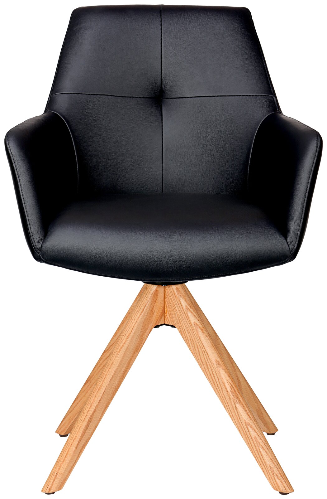 Moderner schwarzer Armlehnstuhl mit Holzbeinen, Frontalansicht