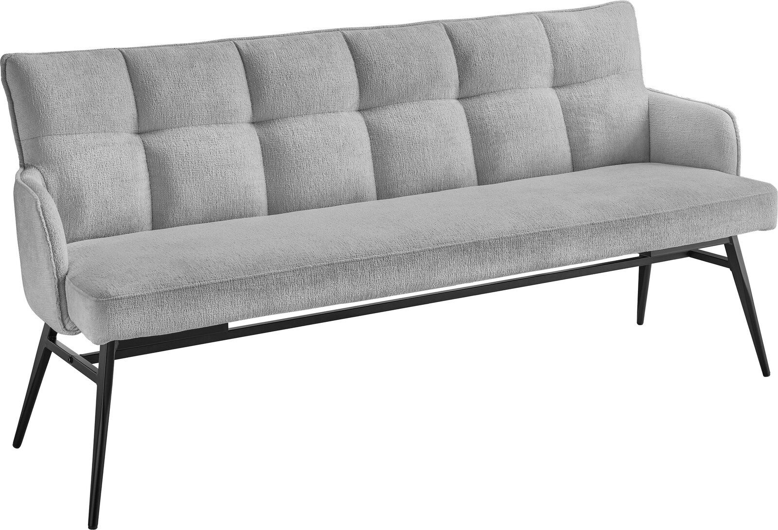 Graue Polsterbank mit schwarzem Metallgestell, seitliche Perspektive