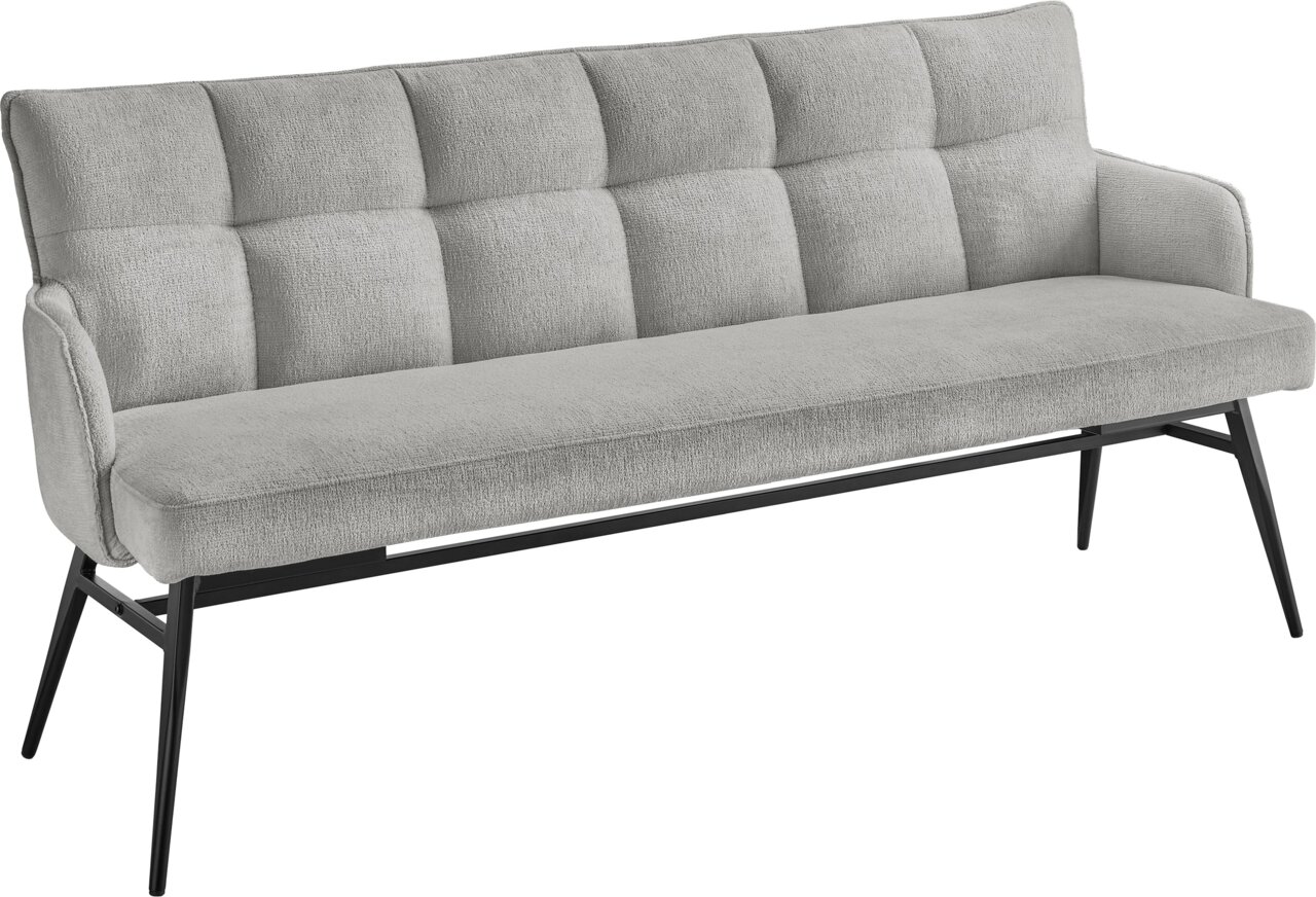 Graue Polsterbank mit schwarzem Metallgestell, seitliche Perspektive