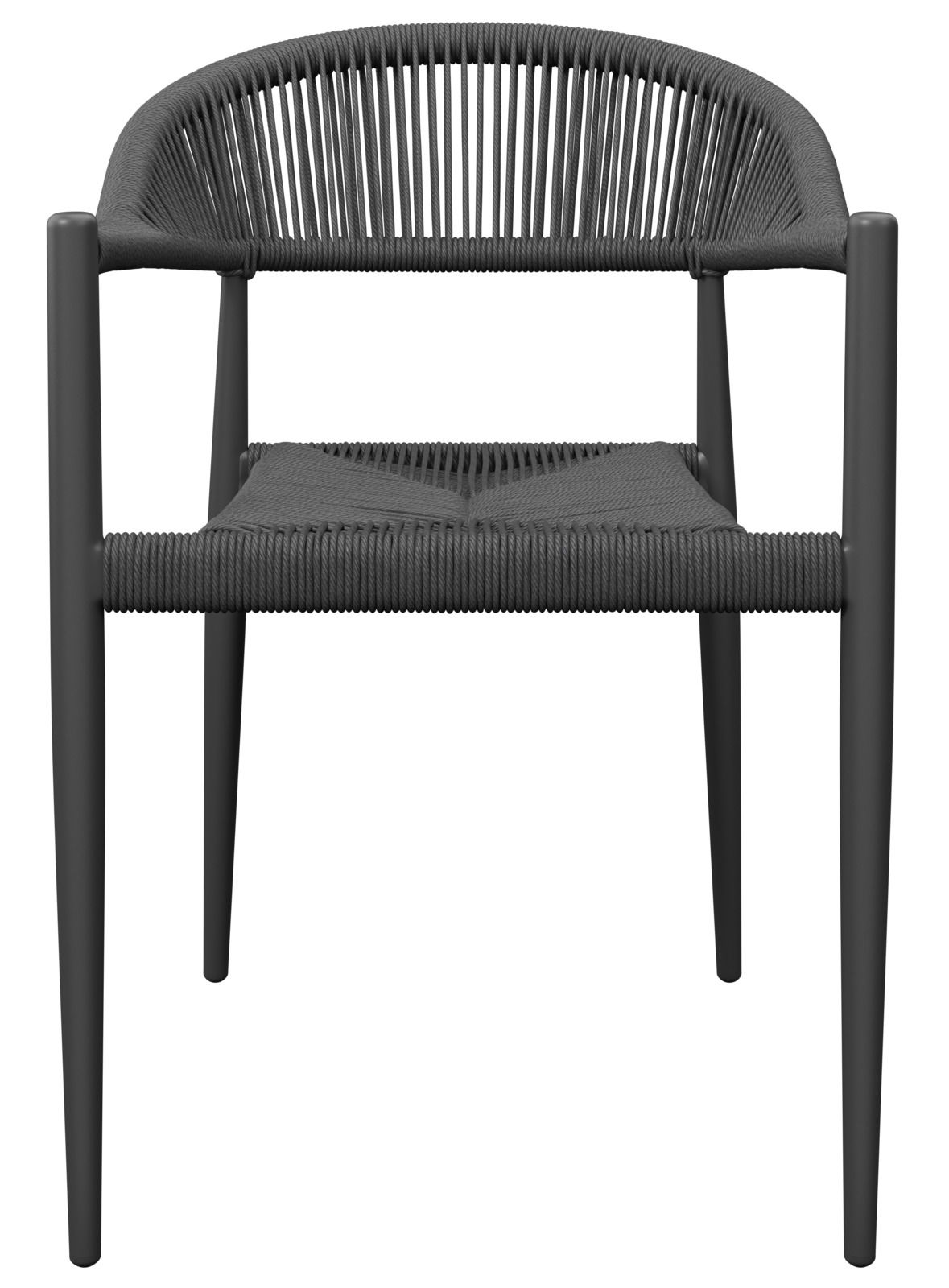 Vorderansicht eines modernen, schwarzen Stapelsessels mit geflochtenem Sitz und Rückenlehne.