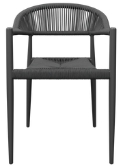 Vorderansicht eines modernen, schwarzen Stapelsessels mit geflochtenem Sitz und Rückenlehne.