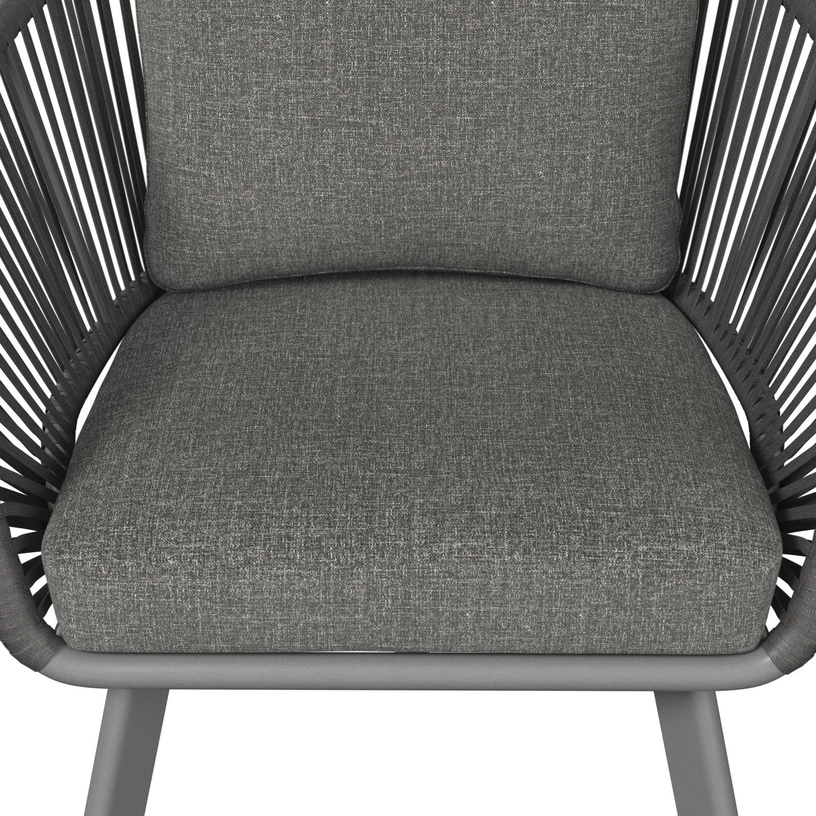 Grauer Loungesessel mit gepolstertem Sitz und Rückenlehne, Vorderansicht